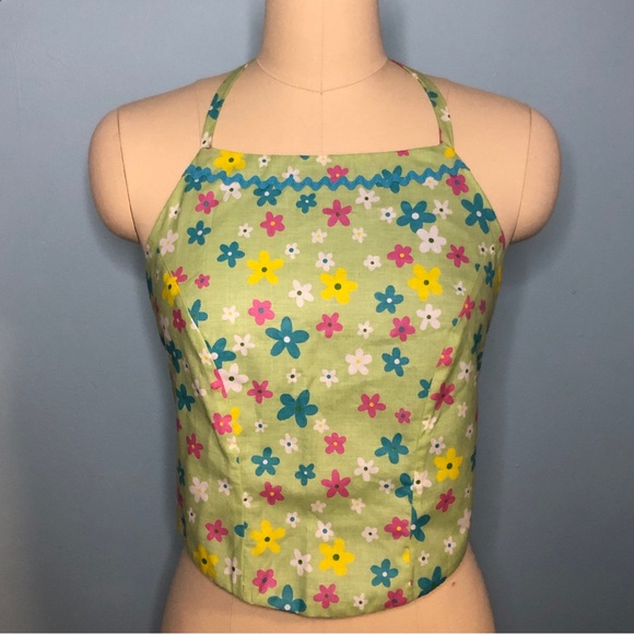 Handmade Tops - Vintage 90s Y2K Reverse Cropped Floral Daisy Halter Tie Top Club Raver